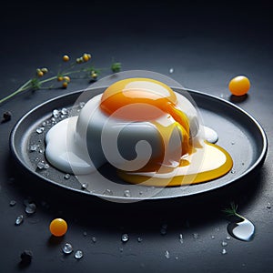 Perfectly poached egg on a dark plate, yolk oozing out, surrounded by herbs and droplets.