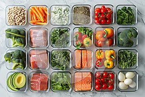 Perfectly portioned containers filled with a diverse mix of proteins, legumes, and colorful vegetables. Generative AI