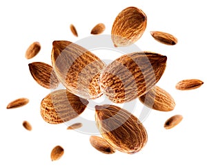 Perfectly retouched almond levitates in space. Volumetric back light. Isolated on white