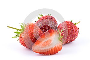 Perfectly retouched fresh strawberry fruit with sliced half isolated on white background.