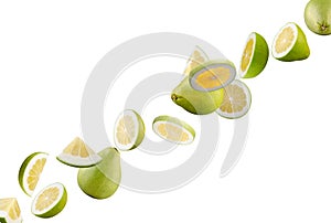 Perfectly retouched pomelo. Whole halves and quarters lined up fly in space isolated on white. Top quality retouching