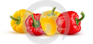 Perfectly retouched red and yellow peppers in a row isolated on white. High resolution and full depth of field