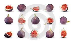 Perfectly retouched set of figs. Whole, halves and quarters of figs isolated on white background