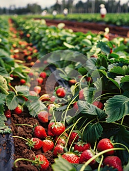 Perfectly ripe strawberries dot the furrows of a verdant strawberry patch, creating a bountiful display of nature's