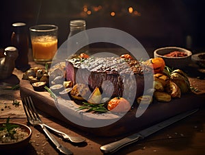 A perfectly seared beefsteak served with roasted vegetables on a table, Generative AI