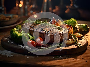 A perfectly seared beefsteak served with roasted vegetables on a table, Generative AI