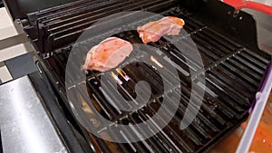 Perfectly Seasoned Pork Chops Sizzling on an Outdoor Gas Grill