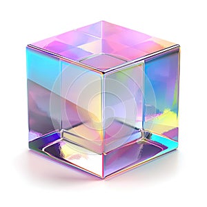 perfectly shaped cube with an iridescent surface, reflecting a spectrum of colors