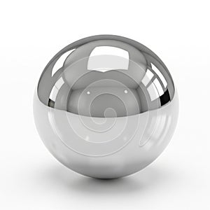 A highly reflective chrome sphere with a smooth surface casting a subtle shadow on a white background