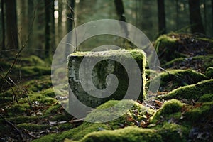 a perfectly square stone sitting on a mossy forest floor