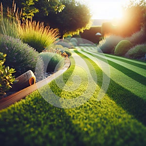 Perfectly striped freshly mowed garden lawn in summer