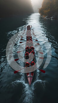 Perfectly synchronized rowing team captured in a stunning aerial view