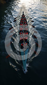 Perfectly synchronized rowing team captured in a stunning aerial view