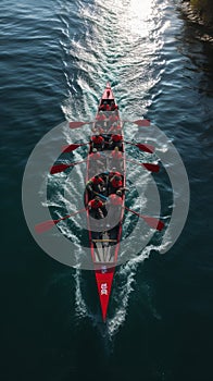 Perfectly synchronized rowing team captured in a stunning aerial view