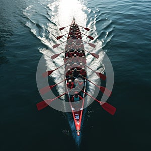 Perfectly synchronized rowing team captured in a stunning aerial view