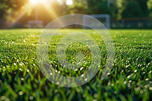 perfectly trimmed grass on the soccer field, highlighting its smooth texture and uniformity. Generative AI