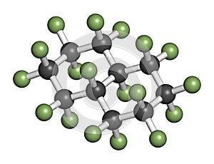 Perfluorodecalin fluorocarbon molecule. Used as component of artificial blood and for liquid breathing. Atoms are represented as