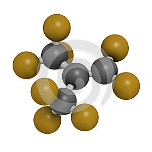 Perfluoroisobutene fluorocarbon molecule.  3D rendering. Atoms are represented as spheres with conventional color coding: carbon