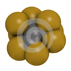 Perfluoroisobutene fluorocarbon molecule.  3D rendering. Atoms are represented as spheres with conventional color coding: carbon