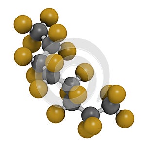 Perfluorooctane molecule. 3D rendering. Atoms are represented as spheres with conventional color coding: hydrogen white, carbon.