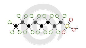 perfluorooctanesulfonic acid molecule, structural chemical formula, ball-and-stick model, isolated image pfos