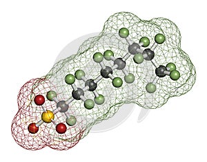 Perfluorooctanesulfonic acid perfluorooctane sulfonate, PFOS persistent organic pollutant molecule. 3D rendering. Atoms are.