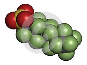 Perfluorooctanesulfonic acid perfluorooctane sulfonate, PFOS persistent organic pollutant molecule. 3D rendering. Atoms are.