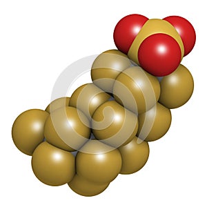 Perfluorooctanesulfonic acid perfluorooctane sulfonate, PFOS persistent organic pollutant molecule. 3D rendering. Atoms are.