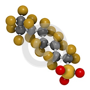 Perfluorooctanesulfonic acid perfluorooctane sulfonate, PFOS persistent organic pollutant molecule. 3D rendering. Atoms are.