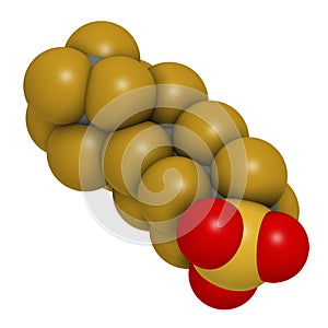 Perfluorooctanesulfonic acid perfluorooctane sulfonate, PFOS persistent organic pollutant molecule. 3D rendering. Atoms are.