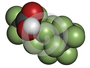 Perfluorooctanoic acid (PFOA, C8) molecule. Important and persistent pollutant