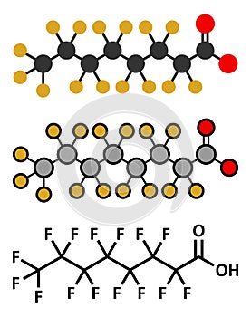 Perfluorooctanoic acid (PFOA, perfluorooctanoate) carcinogenic pollutant molecule