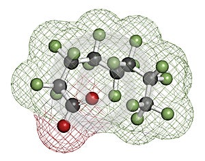 Perfluorooctanoic acid PFOA, perfluorooctanoate carcinogenic pollutant molecule. 3D rendering. Atoms are represented as spheres.