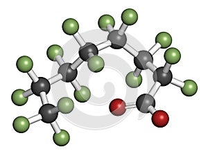 Perfluorooctanoic acid PFOA, perfluorooctanoate carcinogenic pollutant molecule. 3D rendering. Atoms are represented as spheres.