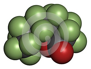 Perfluorooctanoic acid PFOA, perfluorooctanoate carcinogenic pollutant molecule. 3D rendering. Atoms are represented as spheres.