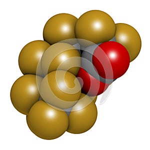 Perfluorooctanoic acid PFOA, perfluorooctanoate carcinogenic pollutant molecule. 3D rendering. Atoms are represented as spheres.