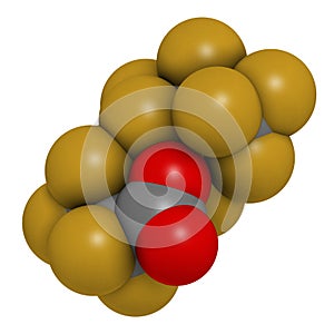 Perfluorooctanoic acid PFOA, perfluorooctanoate carcinogenic pollutant molecule. 3D rendering. Atoms are represented as spheres.