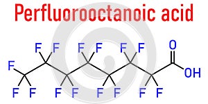 Perfluorooctanoic acid or PFOA, perfluorooctanoate, carcinogenic pollutant molecule, skeletal chemical formula.