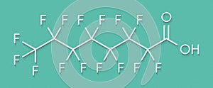 Perfluorooctanoic acid PFOA, perfluorooctanoate carcinogenic pollutant molecule. Skeletal formula. photo