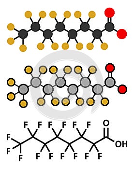 Perfluorooctanoic acid (PFOA, perfluorooctanoate) carcinogenic pollutant molecule photo