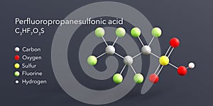 perfluoropropanesulfonic acid molecule 3d rendering, flat molecular structure with chemical formula and atoms color coding photo