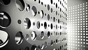 Perforated metal steel wall background with light reflections. Generative AI.