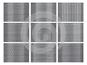 Perforated steel. Grill texture, stainless steel plate with perforation holes and metallic grid background vector set