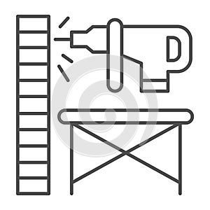Perforator drilling wall thin line icon, house repair concept, Electric drill and wall sign on white background, Wooden