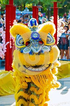 Performance of artists in a dragon costume for the Chinese new year in Singapore