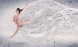 Performance ballet dancer jumping with energy explosion particle