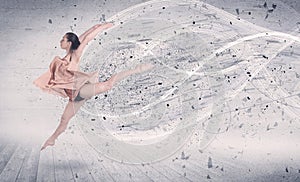 Performance ballet dancer jumping with energy explosion particle