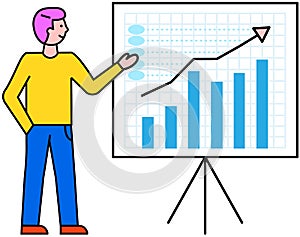 Performance with chart. Financial accounting report on board. Manager shows business process diagram