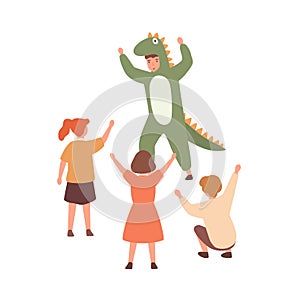 Performance for children with actor wearing cute dinosaur costume. Group of kids playing with animator. Flat vector