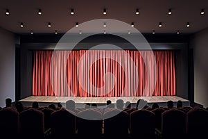 Performance concept with empty platform with blank red backstage and spectators on seats in the hall. 3D rendering, mockup